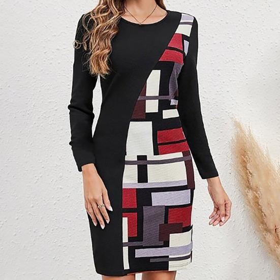 2024 Damen Frühlingskleid Farbblock Geometrischer Patchwork Rundhals Langarm Lockerer Pullover Weich Über Knie Länge Lässig Alltag Mini Kleid