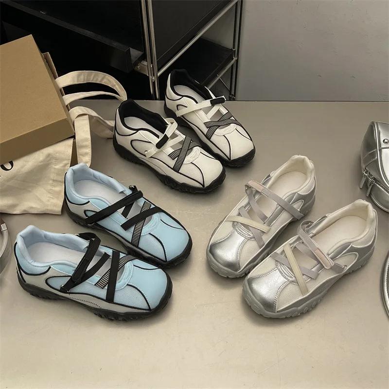 Ballet Style Summer Thick Heel Casual Sports Deqin Shoes Women's Open Toe Breathable Mary Jane Striped Pattern Synthetic Leather