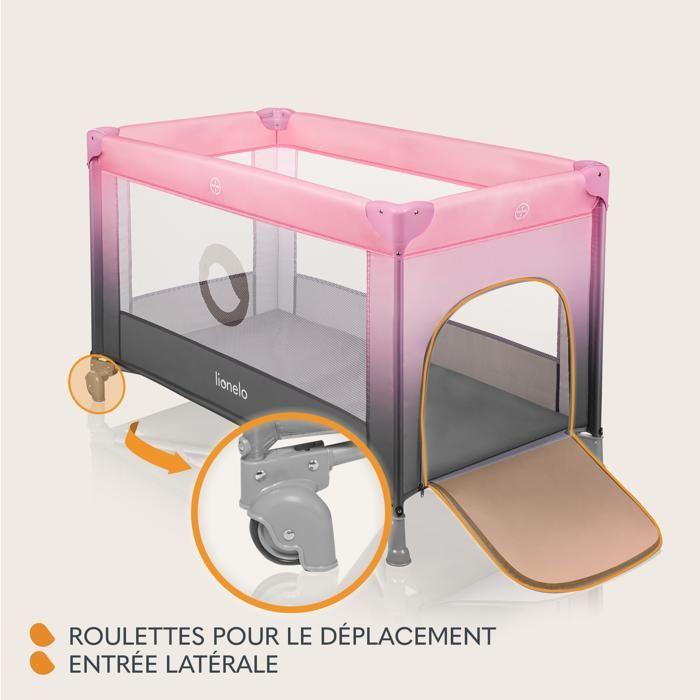 Lit parapluie compact 2en1 LIONELO Stefi - Parc bébé - 0-36 mois - Sac de Transport - Pliage Rapide - 2 x Roulettes - Rose