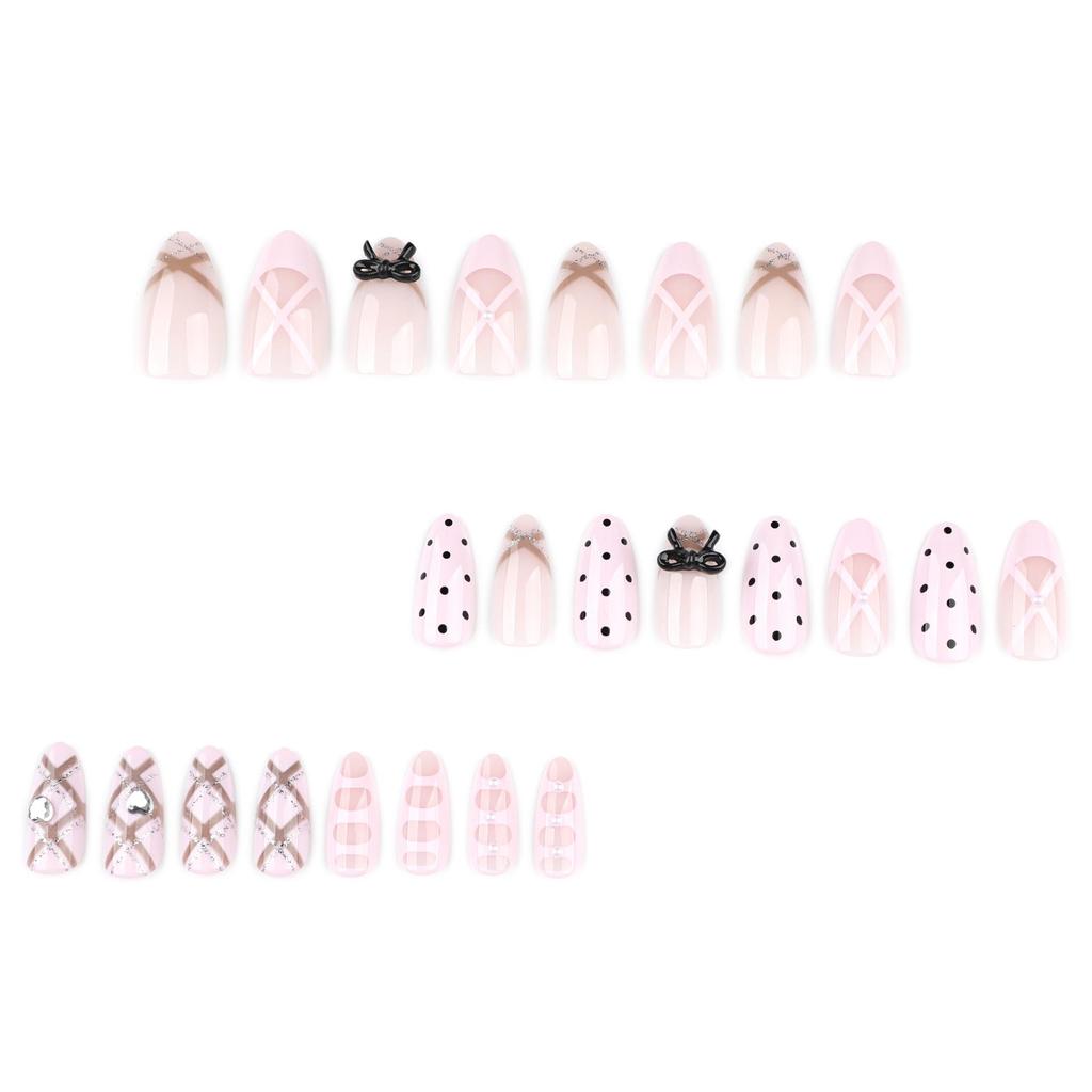 French Almond Glitter Bow Nails - Short Wearable Polka Dot Art Tips with Rhinestones