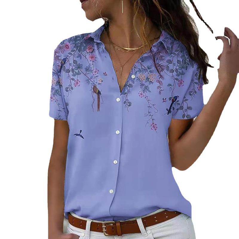 Women's Fashionable Printed Top, Casual Short Sleeved Loose Button Shirt