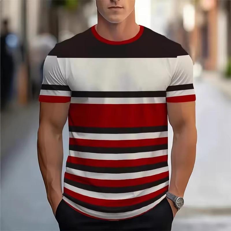 Letni Klasyczny Męski T-shirt 3D Outdoorowy z Okrągłym Dekoltem i Krótkim Rękawem, Top z Nadrukiem w Paski, Uliczny Luźny T-shirt Męski Oversize