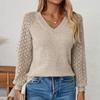 Women's Solid Color V-neck Wool Sweater - Autumn/Winter Knit Pullover with Jacquard Design and Long Sleeves