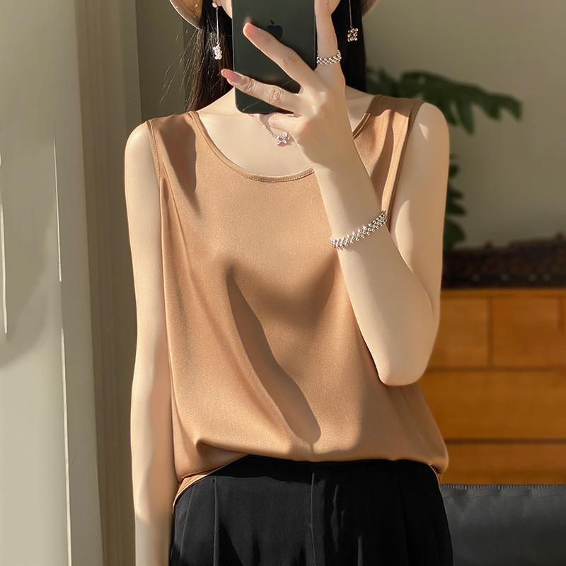 Silk Satin Summer Womens Sleeveless T Shirt With Round Neck For Office Wear