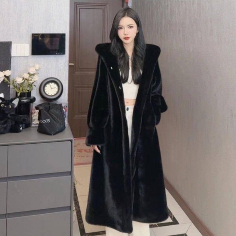 Autumn and winter new medium and long imitation mink fur coat thickened with hat fur coat women's fashion