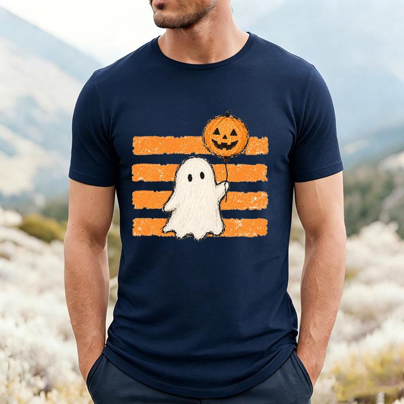 Unisexs Crew Neck T Shirt Cute Ghost Holding Pumpkin Balloon Graphic Tee Halloween Casual Short Sleeve Tops For Holiday Party Wear