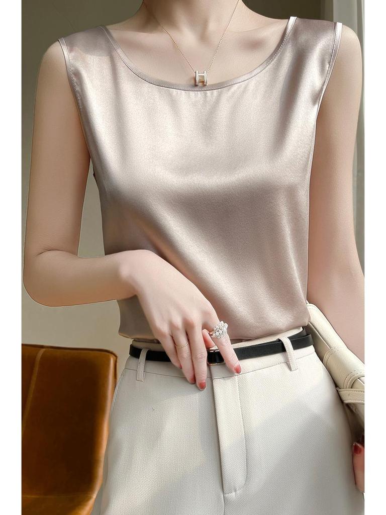 Women's Sleeveless Summer Silk Camisole - Loose Fit, Round Neck, Mulberry Silk Base Layer Top