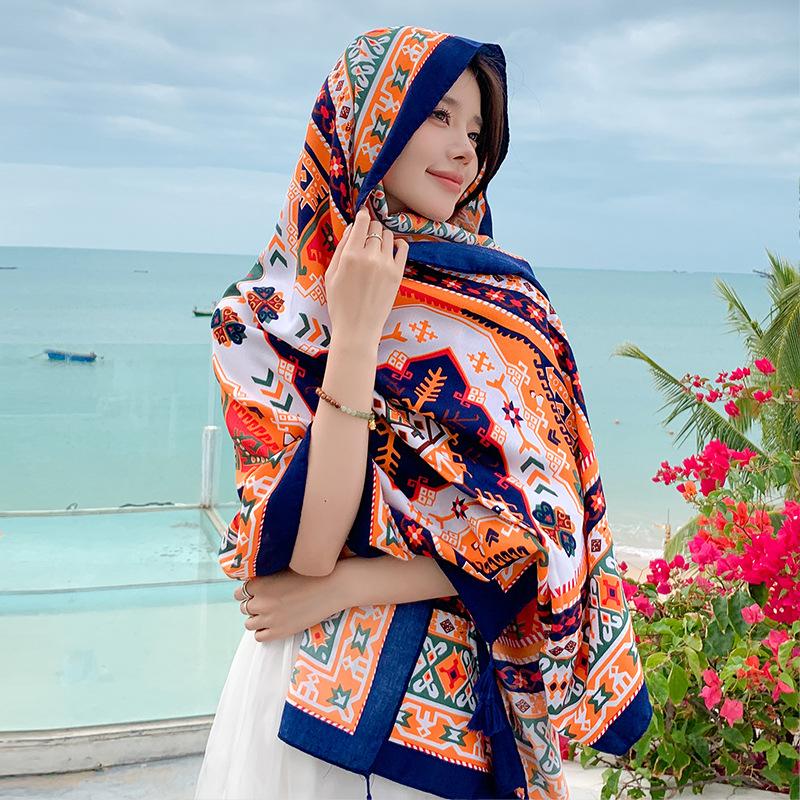 Summer Vintage Elegant Women Silk Scarf Beach Wrap Shawl Floral Print Lady Sunscreen Bandana Hijab Mujer Bohemian Scarve Pareo