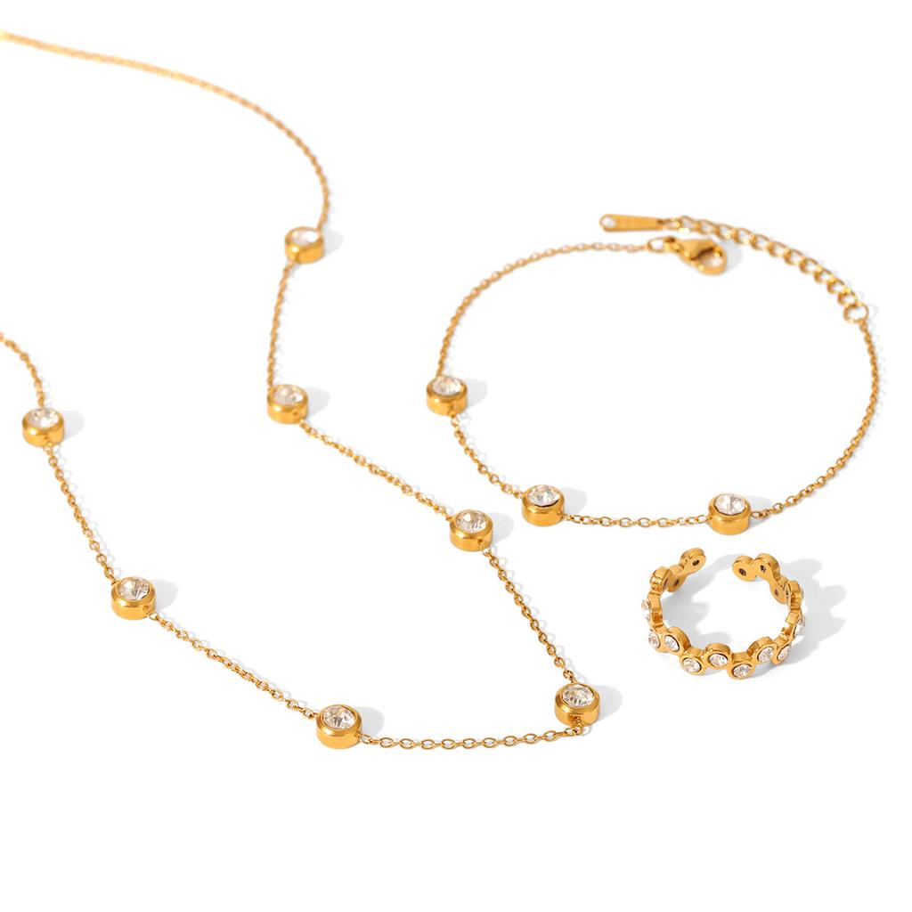 18K Gold Plated Stainless Steel Inlaid Zircon Necklace, High-end Bracelet, Ring, Light Luxury Titanium Steel Jewelry