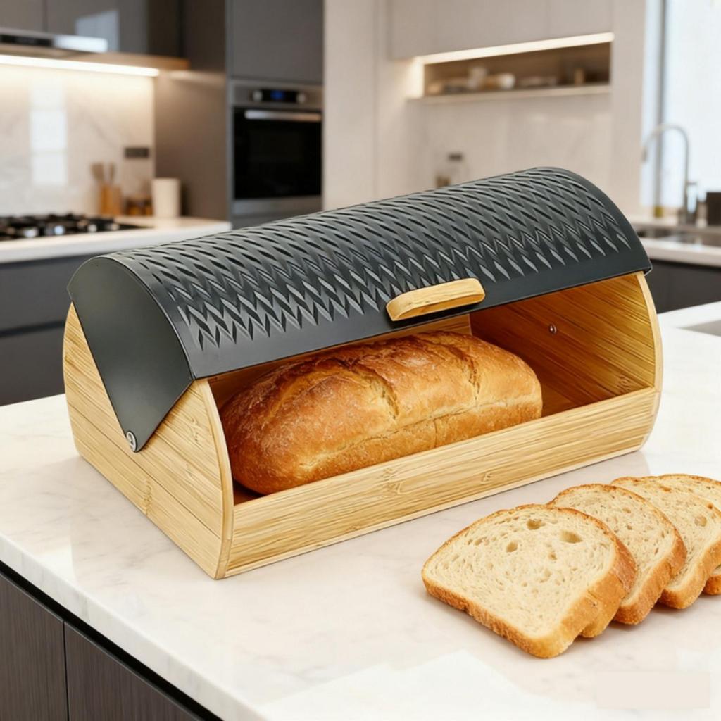Scatola per pane in legno con coperchio incernierato, apertura frontale in metallo, porta-scatola per pane