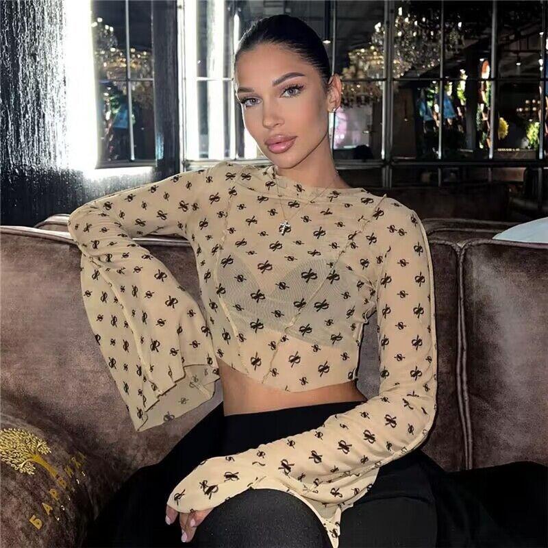 Damen Neues Spice Girls Sexy Durchsichtiges Netzoberteil Bedrucktes Langarm-T-Shirt Schlagärmel Saum