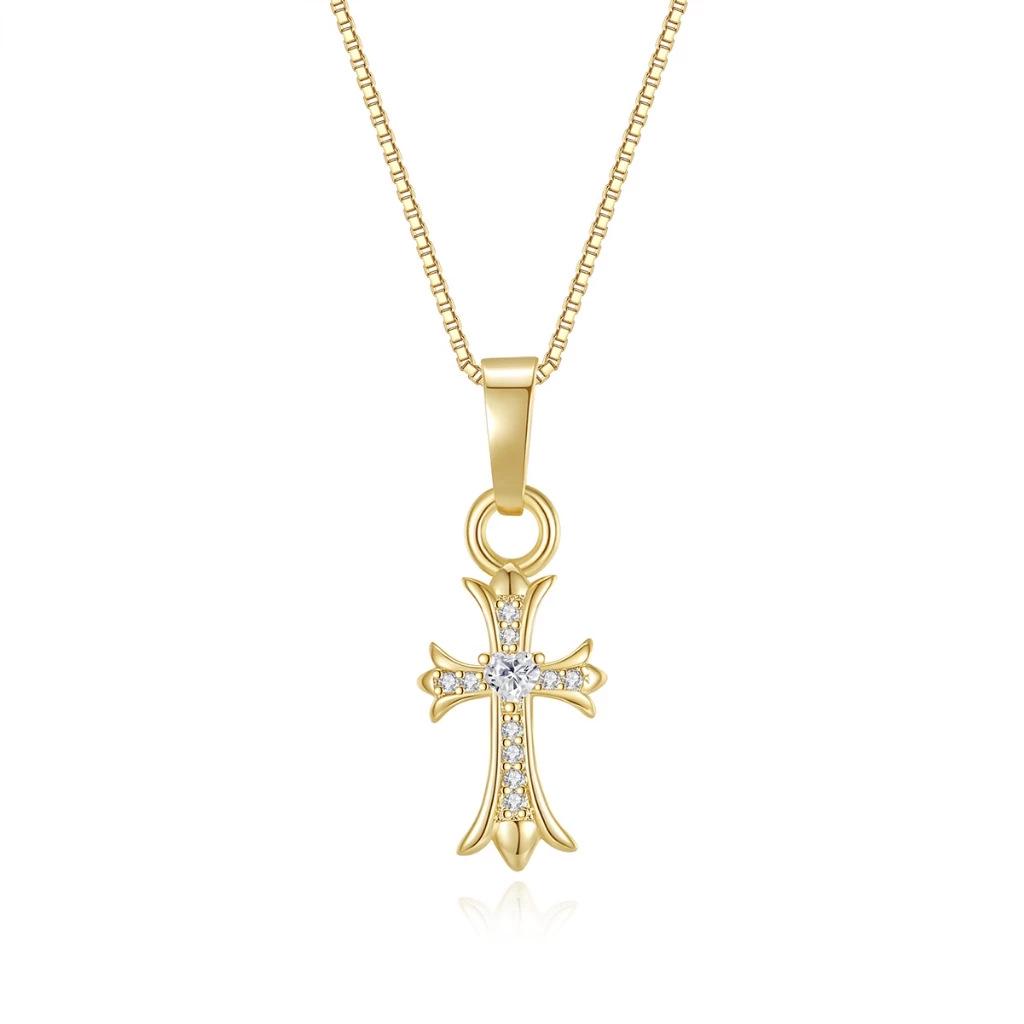 European & American K-Heart Diamond Double Cross Punk Clavicle Necklace - Real Gold-Plated Niche Design.