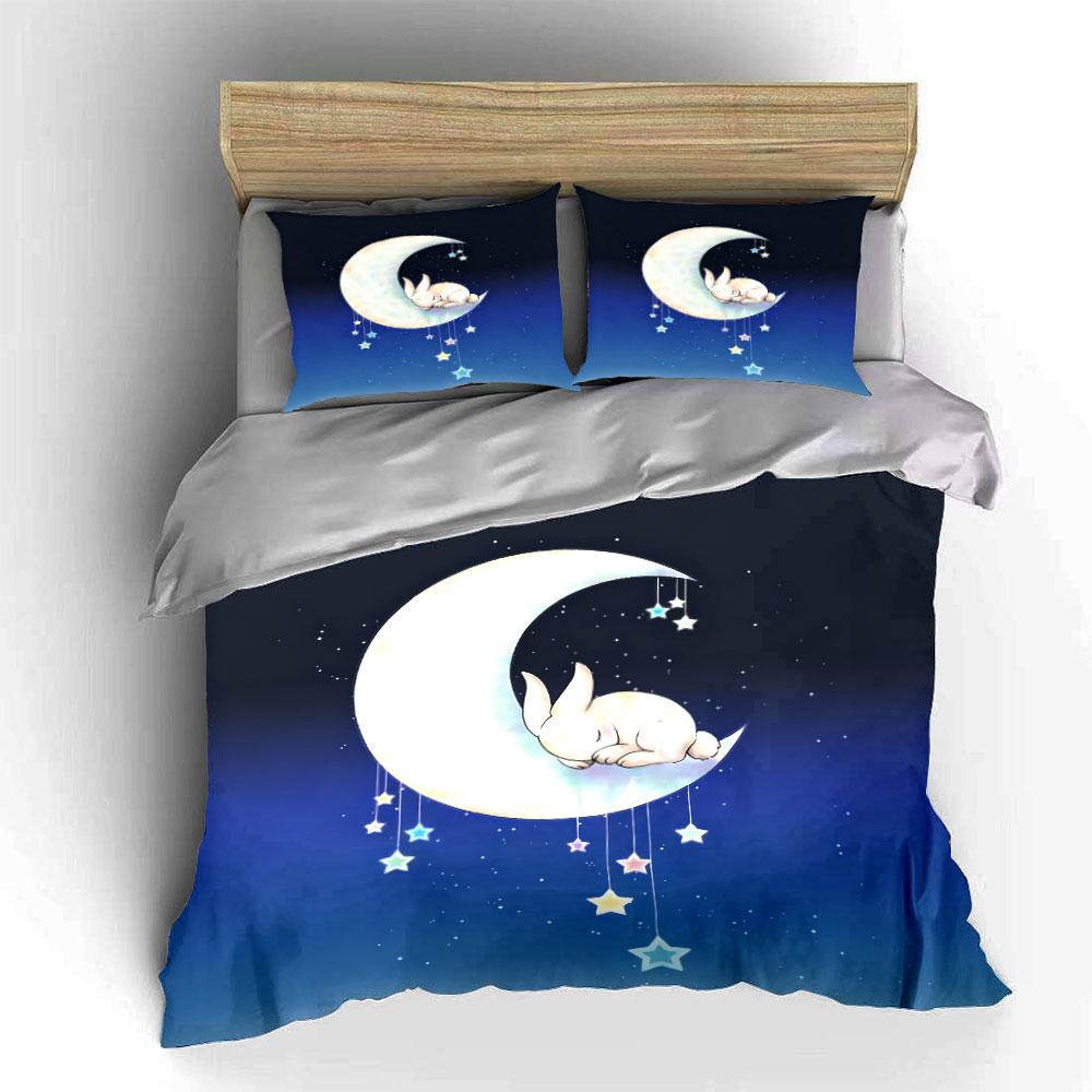 Sleeping Bunny Moon Decor Set Soft Comfortable Duvet Cover Bedding Set Included 1*Duvet Cover & 2*Pillowcases, Gift