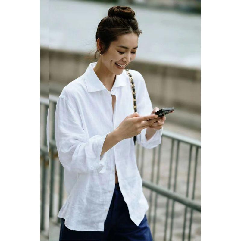 

Super Model Liu Wen Fashionable Cotton and Linen Long Sleeves Basic Style Shirt White Cotton Linen Shirt(High quality) L