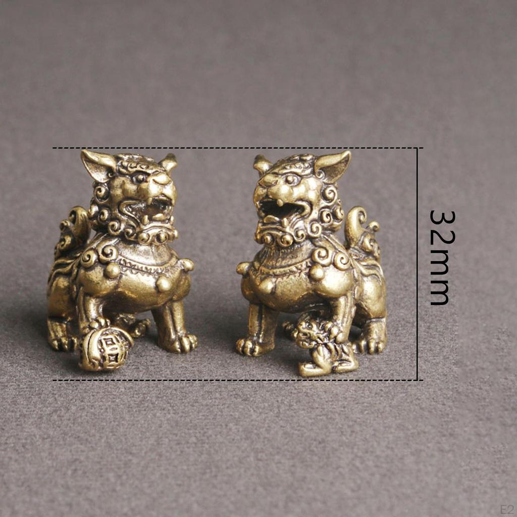 2 Packs Gold Lion Figurine Feng Shui Decor Copper Carvings Tabletop Vintage Antique Mini