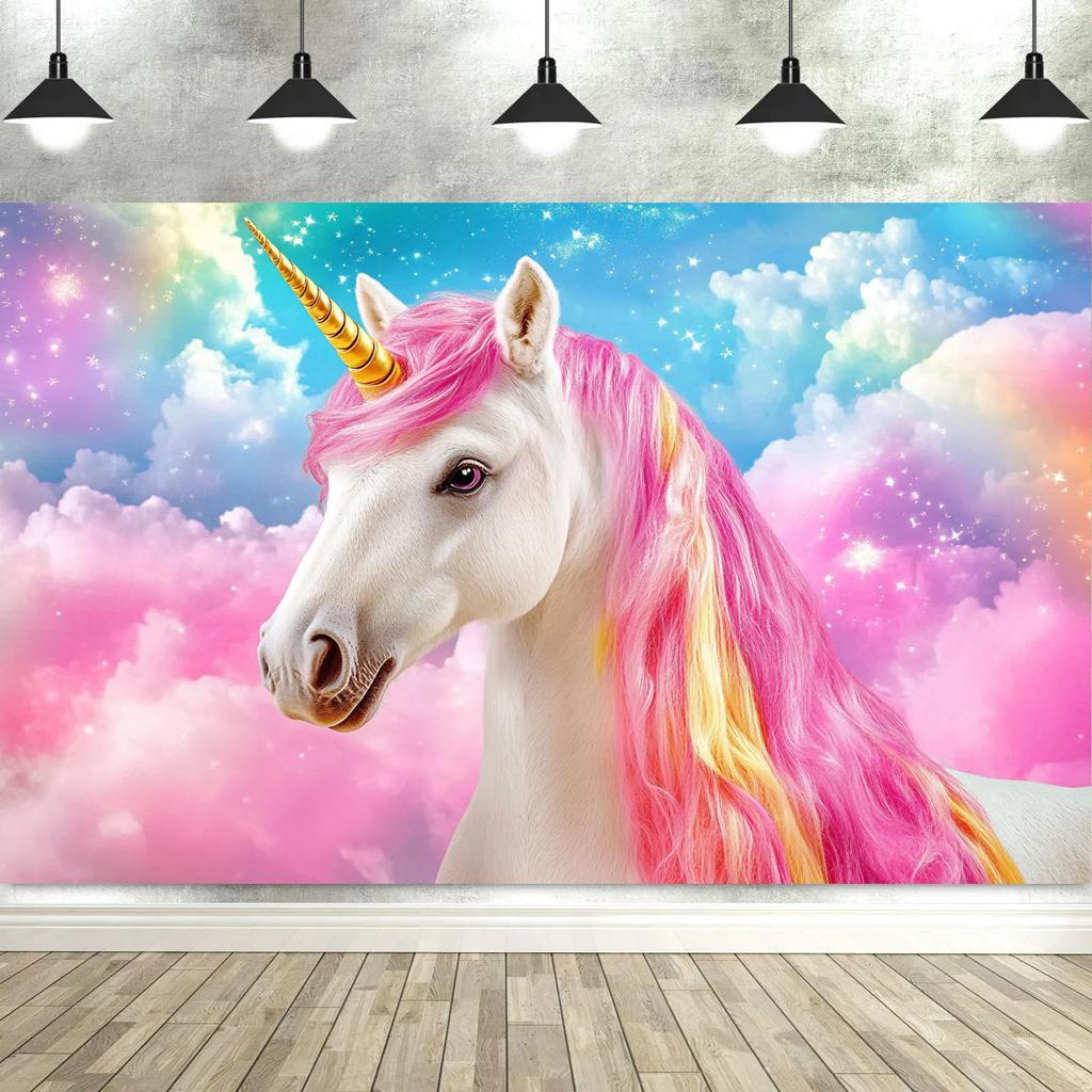 Unicorn Birthday Backdrop for Girls – Rainbow Glitter, Stars & Dots, Happy Birthday Banner & Photo Booth Props-Tapestry