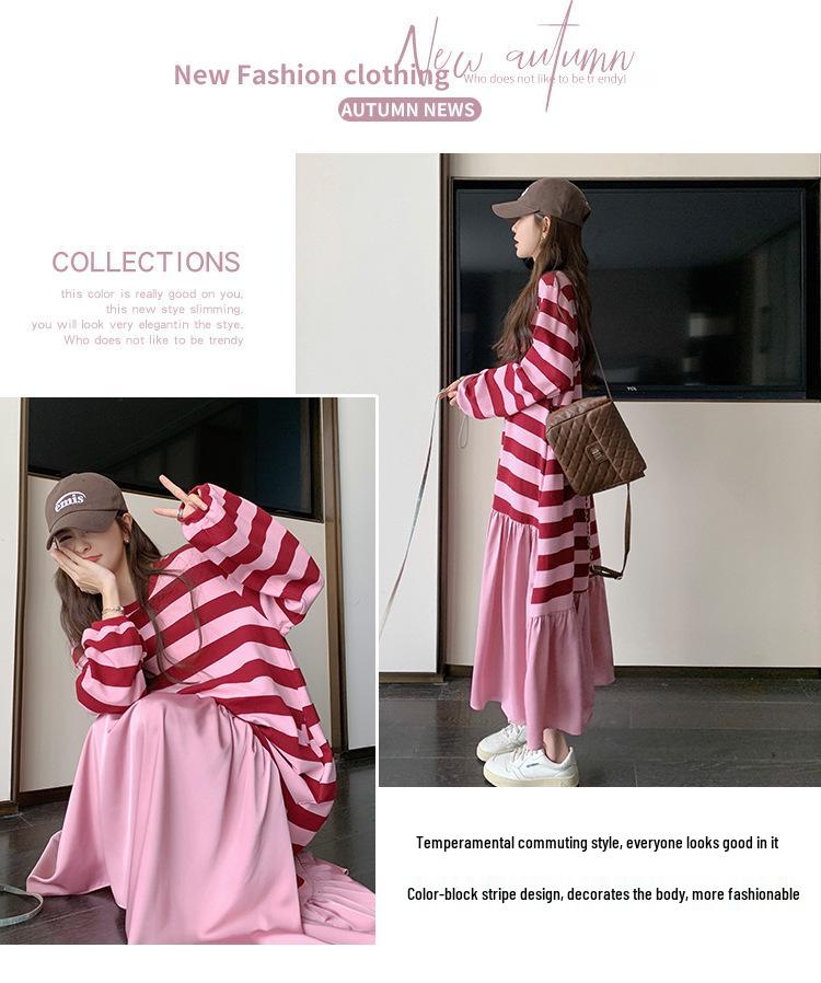 Pink Striped Patchwork Maternity Sweatshirt Dress – Mid-Length 2024 Autumn Retro Loose College Style