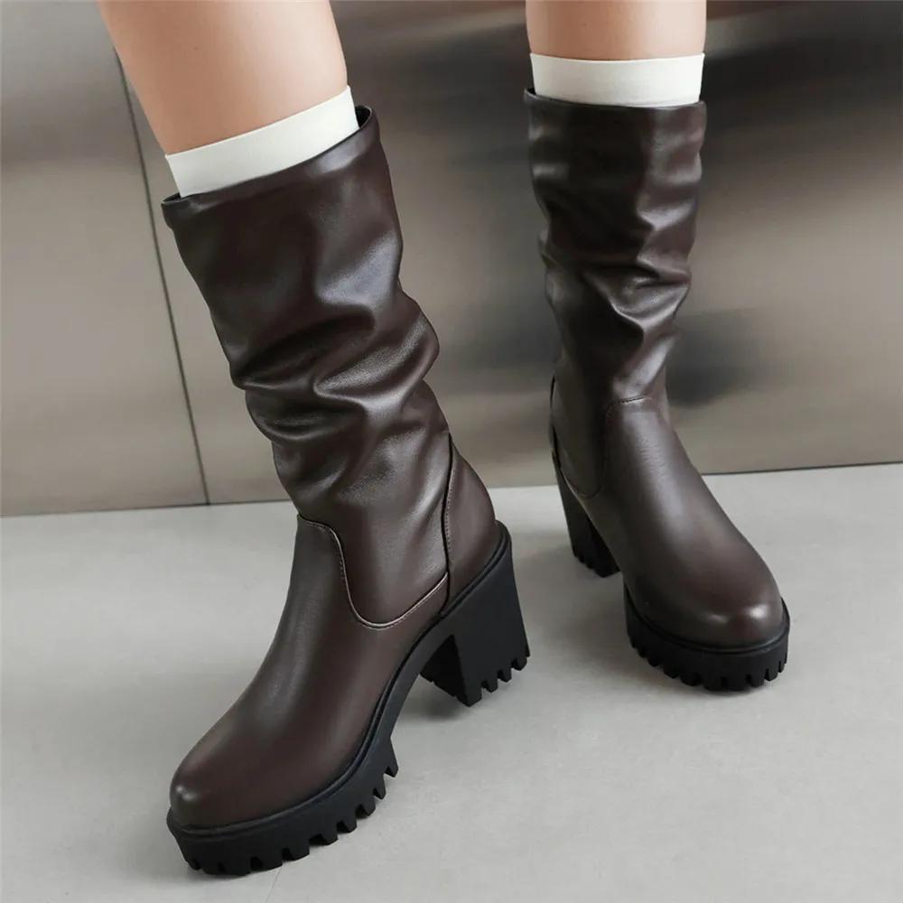 Fashion Fashion Classic Lady Winter Mid Calf Solid Boots Brand High Heel Boots Women Block Heel Platform Round Toe Shoes Woman Black
