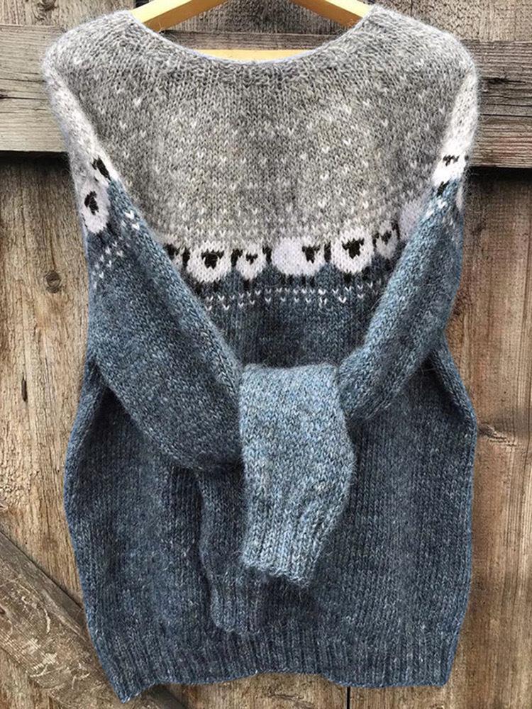 Women's European & American Color Block Round Neck Knit Sweater - Loose, Fashionable Pullover.