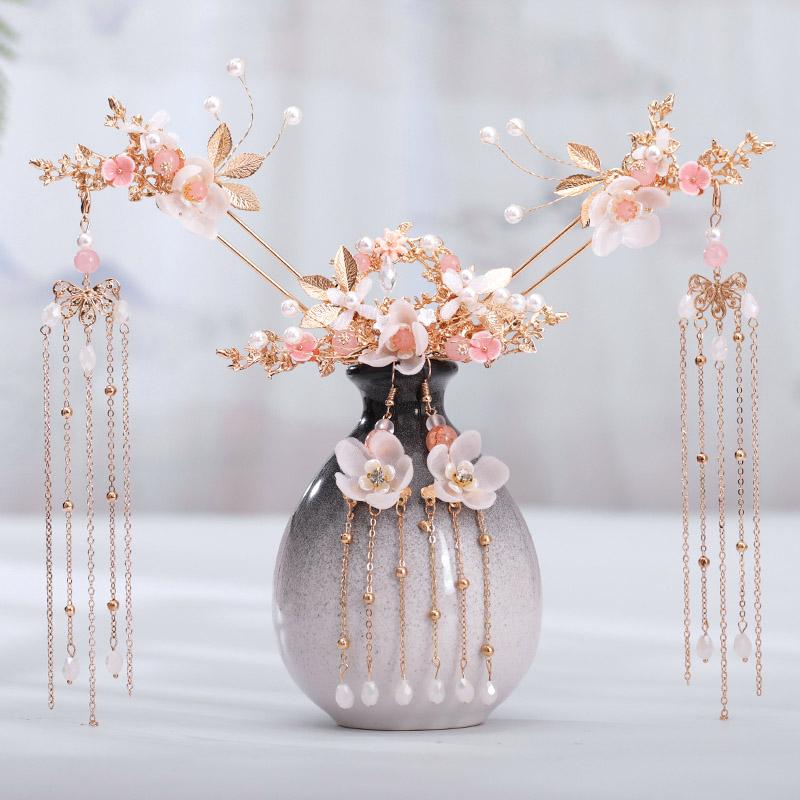 FORSEVEN Chinesisches Haaraccessoires Damen Blume Perlen Haarnadeln Lange Quaste Kopfschmuck Stäbe Haarkamm Brautschmucksets