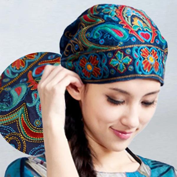 WTEMPO Women Casual Mexican Style Ethnic Vintage Embroidery Flower Black Blue Pink Red Printed Hats