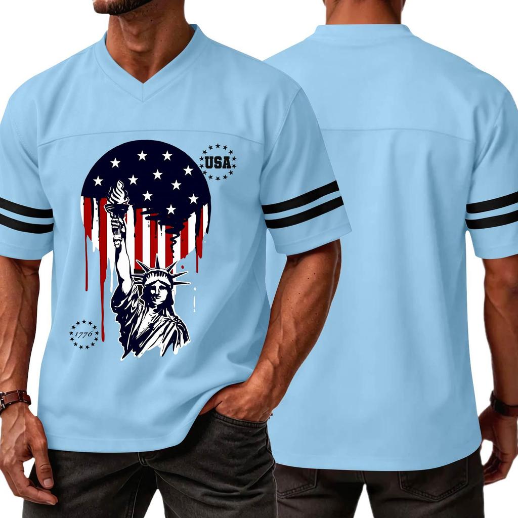Men's Casual V Neck Short Sleeve Sports T Shirt Independence Day Printed Graphic Tee USA Lettering Athletic Top