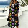 Women's Halloween Print V-Neck Long Sleeve Casual Dress with Pockets