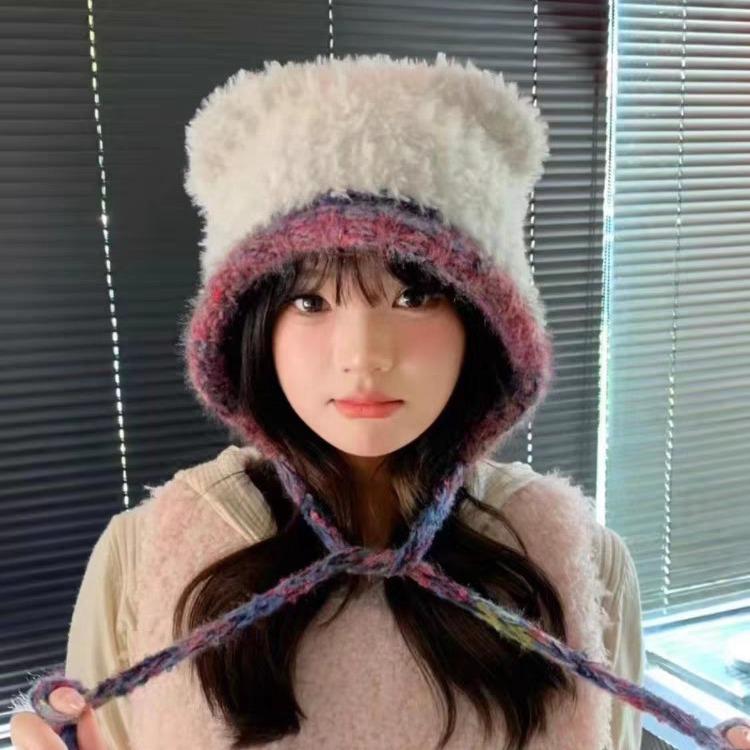 Bear Ears Plush Hat for Women in Winter Versatile Warm Ear Protection Knitted Hat Korean Style Large Head Circumference Woolen Hat