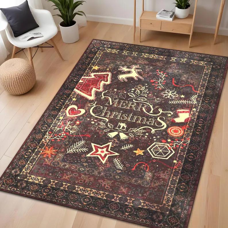 Christmas Tree Carpet Mat Rug with Poinsettia Gold Ornaments Gift Box Candy Cane Merry Christmas Home Decoration Bedroom Decor