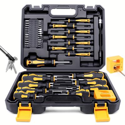 Magnetic Screwdriver Set With Slotted, Phillips, Hex, Torx, And Precision Bits, Chrome Vanadium Steel, With Demagnetizer Tool, Non-Slip Rubber Handle