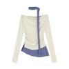 MR [Tmall Quality] Design Plaid Splicing Slim Long Sleeve T-Shirt Women's Niche Fake Two Off-Shoulder Top