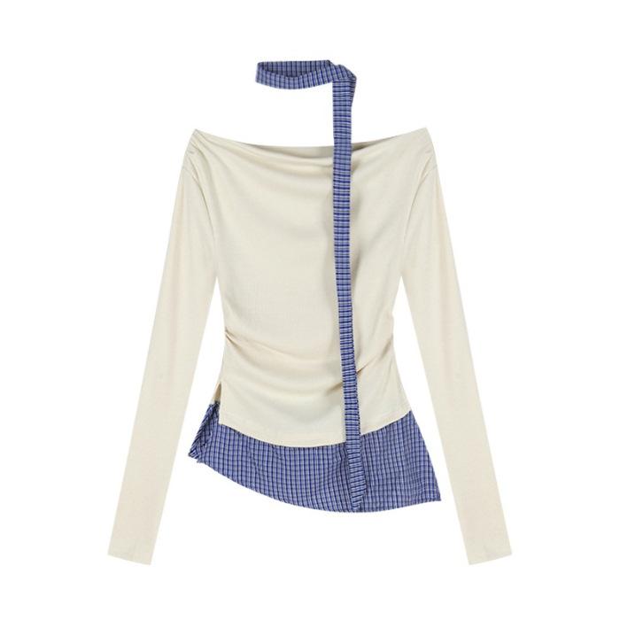 

MR [Tmall Quality] Design Plaid Splicing Slim Long Sleeve T-Shirt Women s Niche Fake Two Off-Shoulder Top XL абрикосовий
