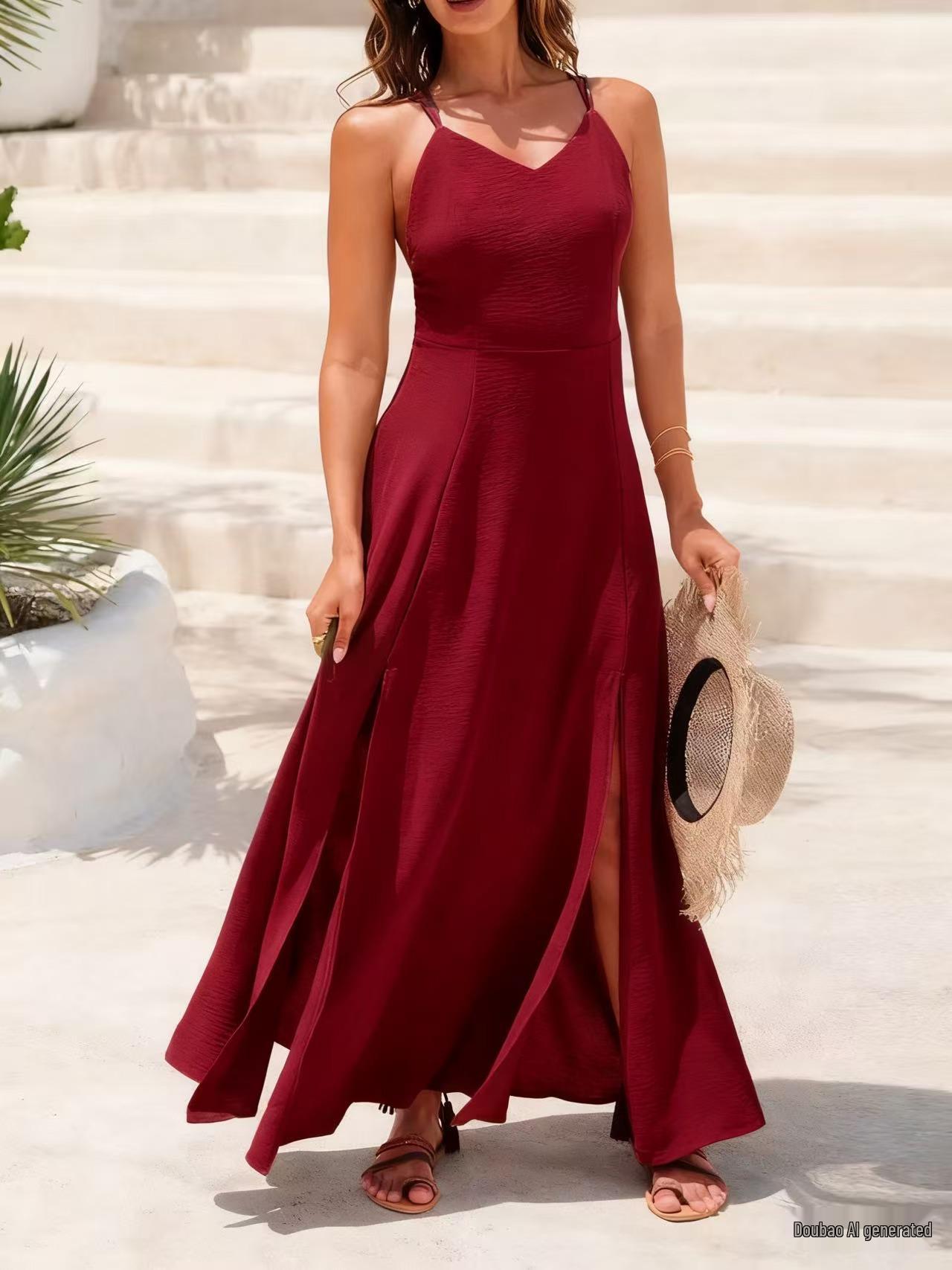 Elegant 2025 Resort Style Backless Spaghetti Strap Dress with Waist-Cinching Slit XXL вино красного