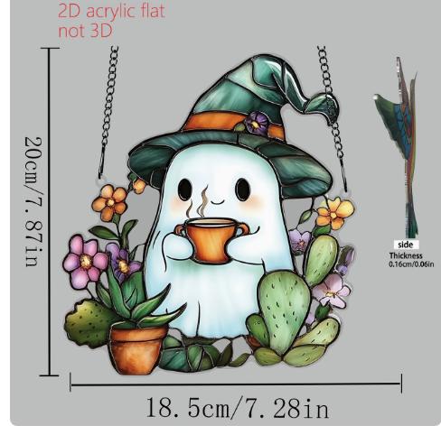 Acrylic Hanging Ornament 2D Ghost with Witch Hat and Plants Decorative Window Suncatcher for Indoor Use with Chain