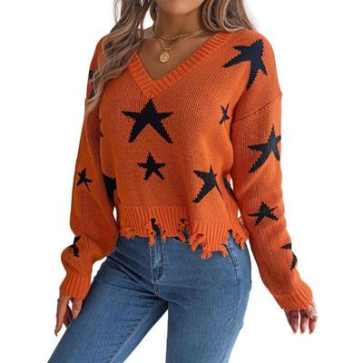 Women's V-Neck Star-Print Sweater Ragged Hem Style Long Sleeves Knitted Pullover