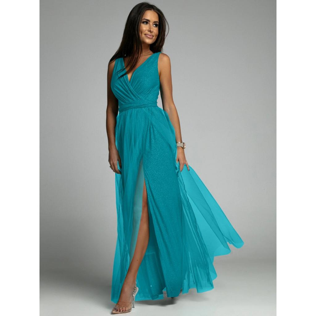 Glänzendes V-Ausschnitt Taillenbetontes Schlankmachendes Maxikleid mit Schlitz, Sexy Abendparty-Kleid für Damen Europäischer Amerikanischer Crossbody-Stil
