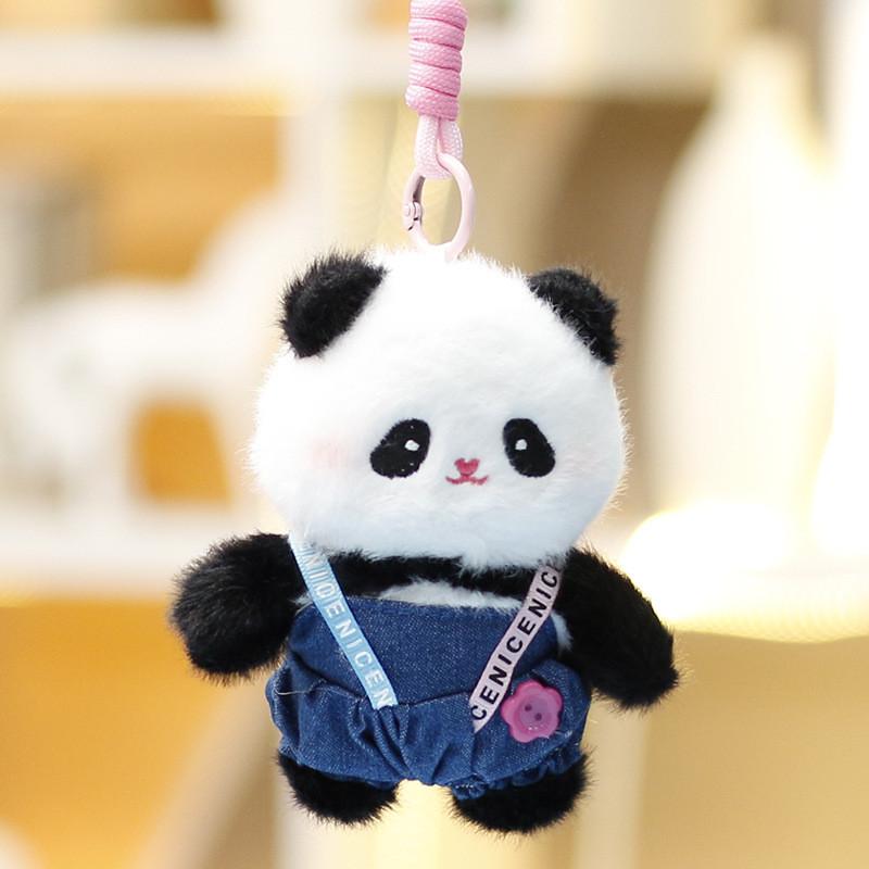 Panda Plush Toy Overalls Keychain Cute Animal Face Decor For Girls And Boys