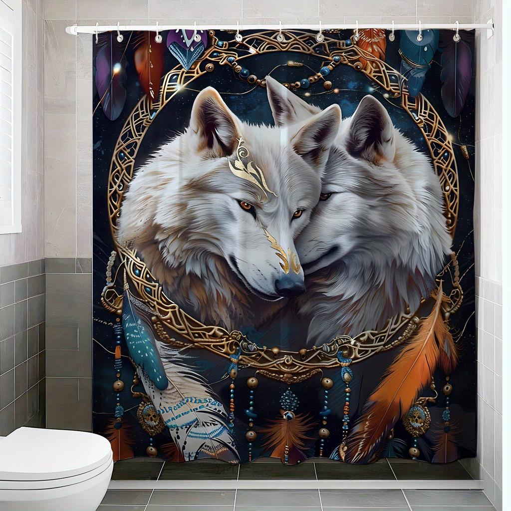 Exquisite Wolf Totem Shower Curtain - Mystical Wolf With Feathers, All-Season Design, Easy Install, Bathroom Accessories Set