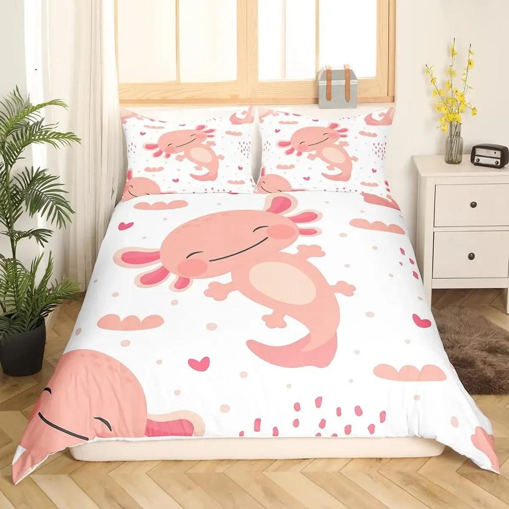 Comforter Cartoon Pink Axolotl Floral King Queen Kawaii Salamander Bedding Set 3D Animal Polyester Comforter