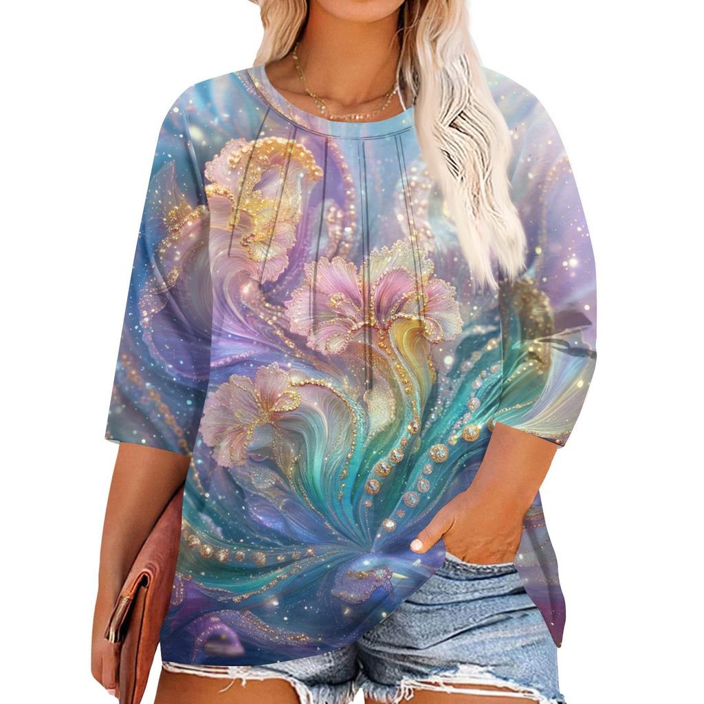 Women's Print Round Neck Plus Size Tops 3/4 Sleeves Elegant Shirt Tops