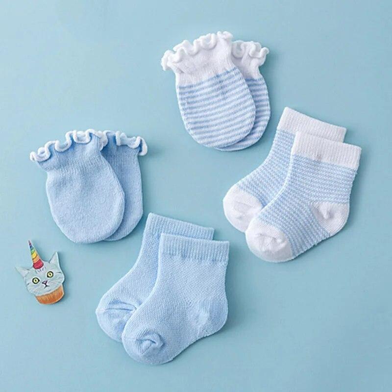 

4Pair/Set Solid Color Baby Socks Gloves Set Cute Strip Elastic Infant Toddler Socks Soft Cotton Newborn Girl Boy Ruffle Mitten One Size&0-6 Months