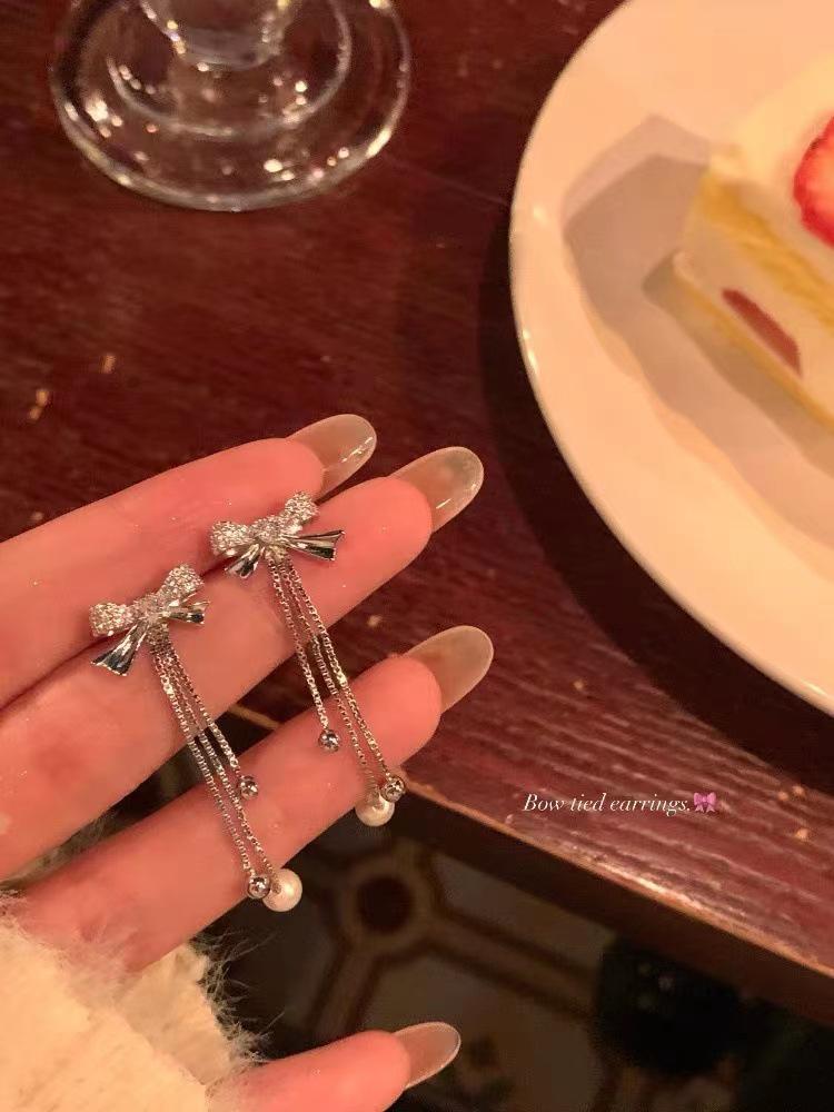 Korean-Style High-End Tassel Bow Earrings - Elegant Long Design for Women