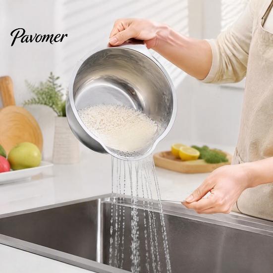 Rust Proof Food Strainer 304 Stainless Steel Colander with Side Drainage Holes, 3-in-1 Kitchen Bowl for Washing Rice Vegetables Fruits, Large Capacity