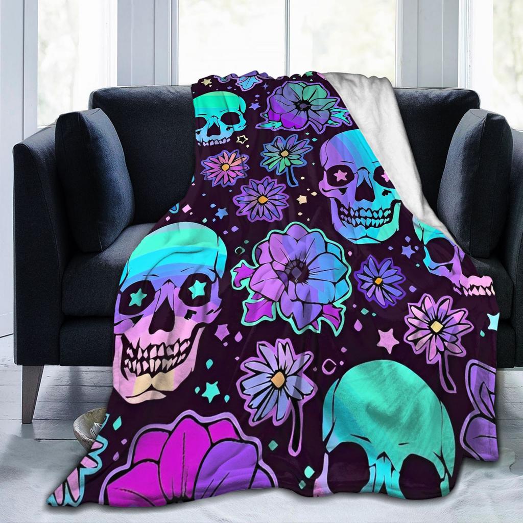 Psychedelic Neon Flower Skull Blankets Plush Awesome Soft Throw Blankets for Coverlet Decoration