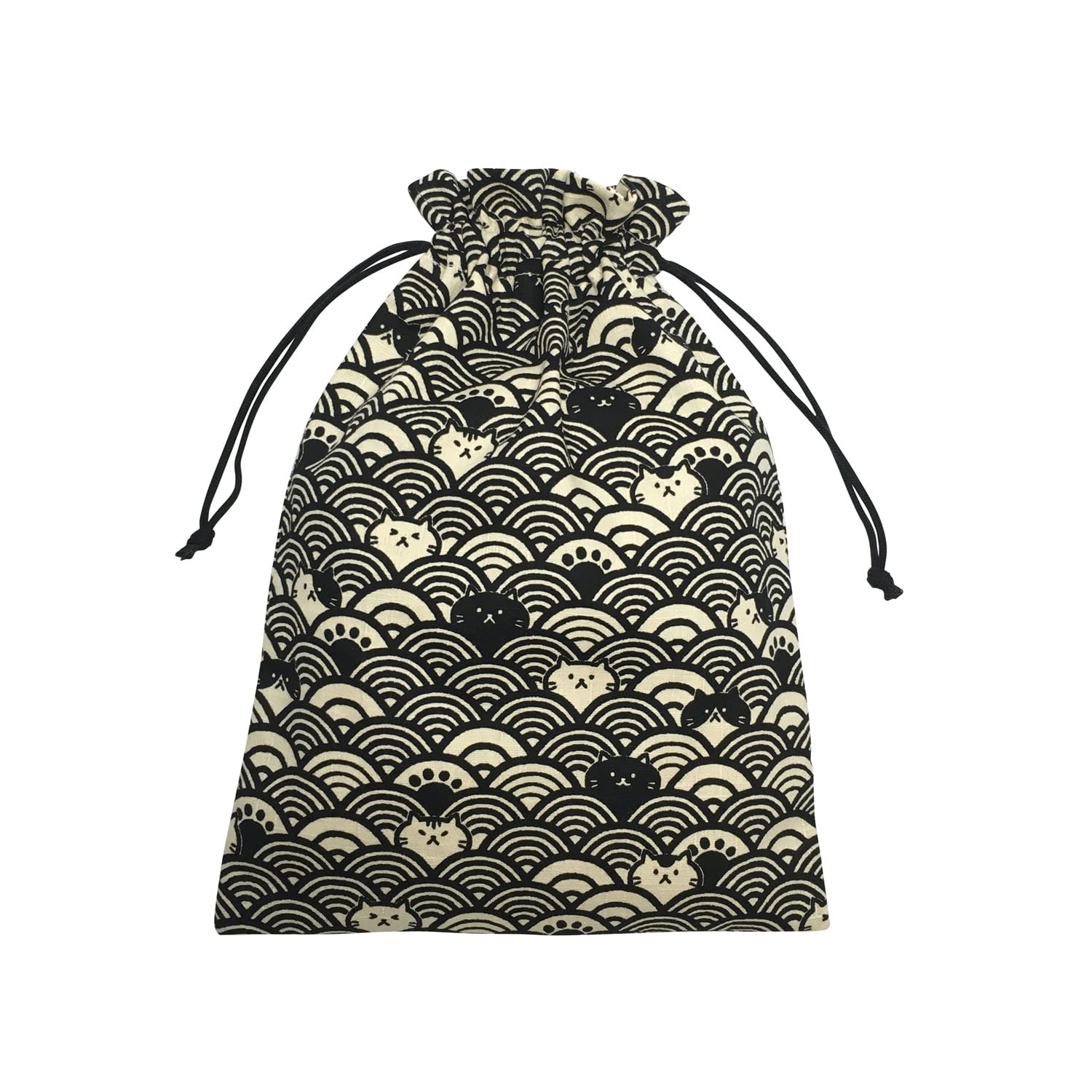 Drawstring pouch for Goshuincho stamp made in with cat drawstring Seigaiha Cat (temple/shrine book), Japan, lining, pattern, Japanese-style bag,