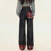 Women's Plus Size High-Waist Dark Blue Plaid Patchwork Wide-Leg Jeans - Autumn Collection