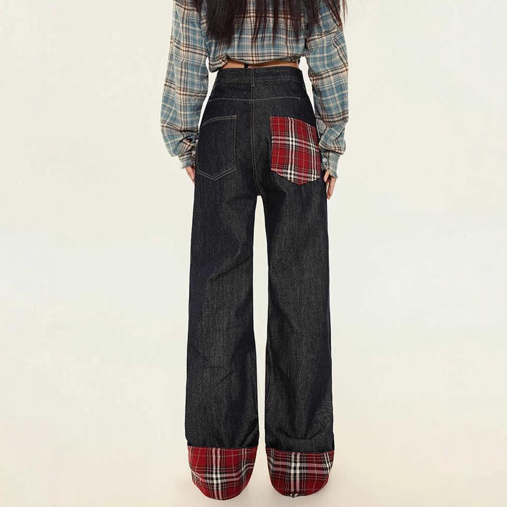 Women's Plus Size High-Waist Dark Blue Plaid Patchwork Wide-Leg Jeans - Autumn Collection