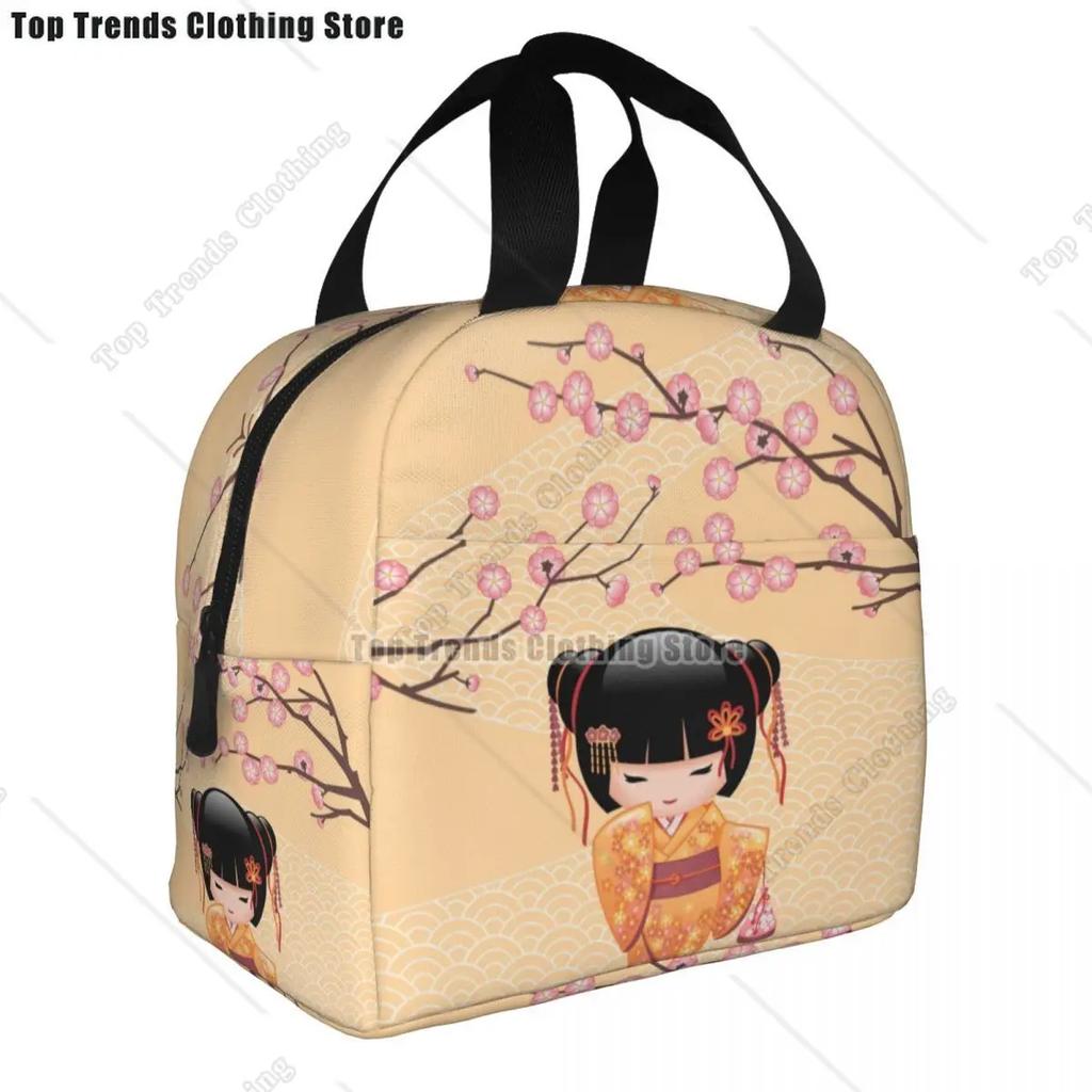 Japanese Keiko Kokeshi Doll Insulated Lunch Bag Cute Design Kimono Geisha Dolls Girls Cooler Thermal Bento Box Lunch Boxes