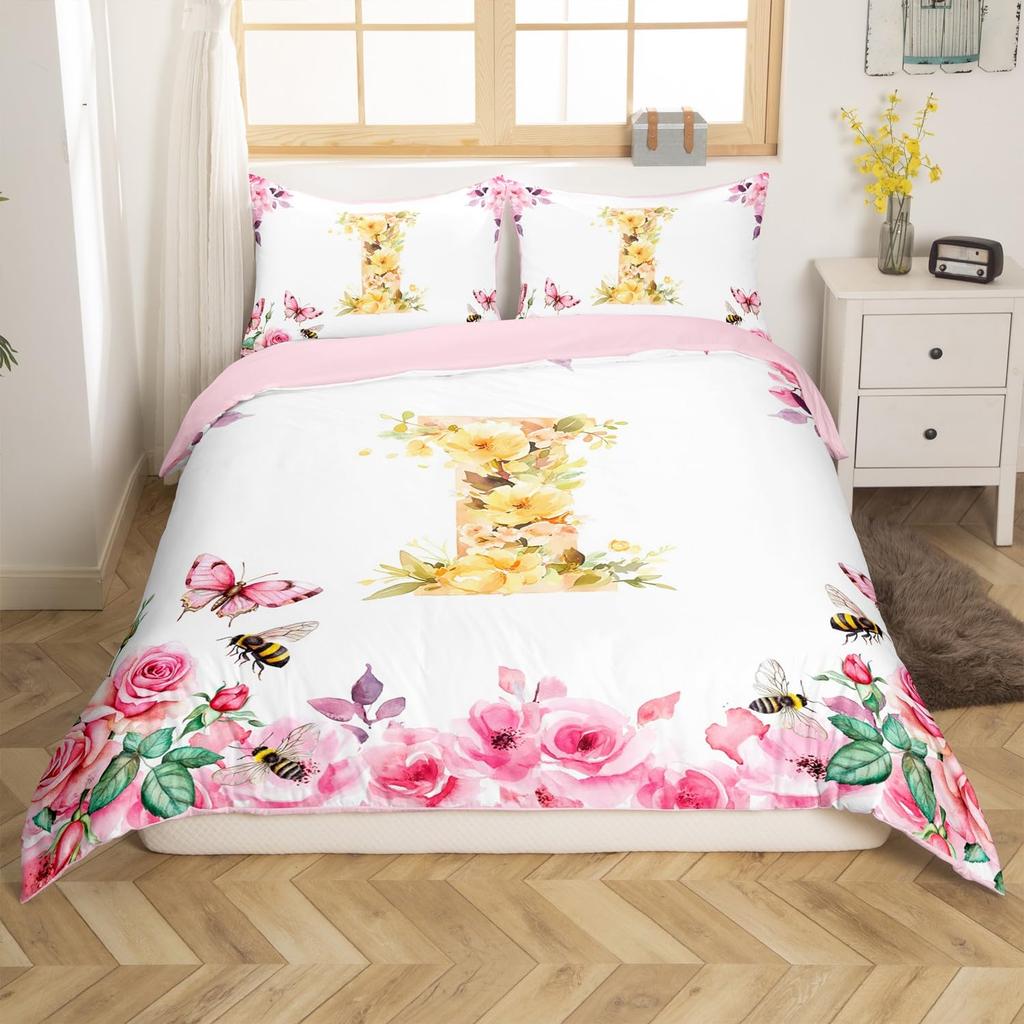 Initial Letter A Duvet Cover for Boys Girls Floral Monogrammed Bedding Set Romantic Rose Alphabet Quilt Cover with 2 Pillow Case