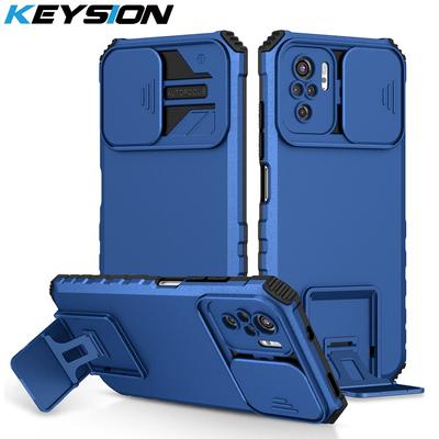 KEYSION Stoßfeste Hülle für Xiaomi POCO M5S Slide Kamera Objektivschutz Live Stand Phone Back Cover für Redmi Note 10S 10 Pro 4G